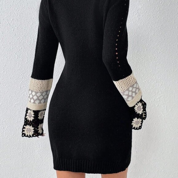 Black Preppy Womens Floral Crochet Turtle Neck Trumpet Sleeve Sweater Dress - Picture 3 of 5